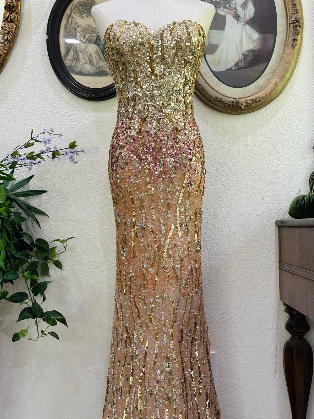 Scala Gold and Pink Sequin Strapless Maxi Gown - Picture 5 of 16
